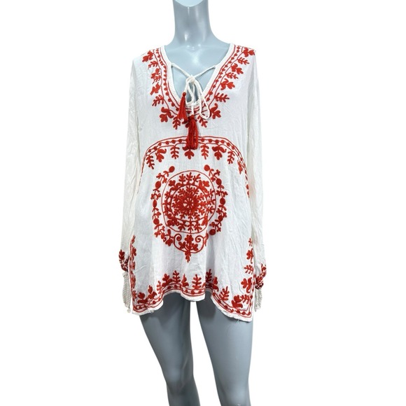 Women's Lucky & Coco Orange Embroidered White‎ Long Sleeve Top - Picture 1 of 9